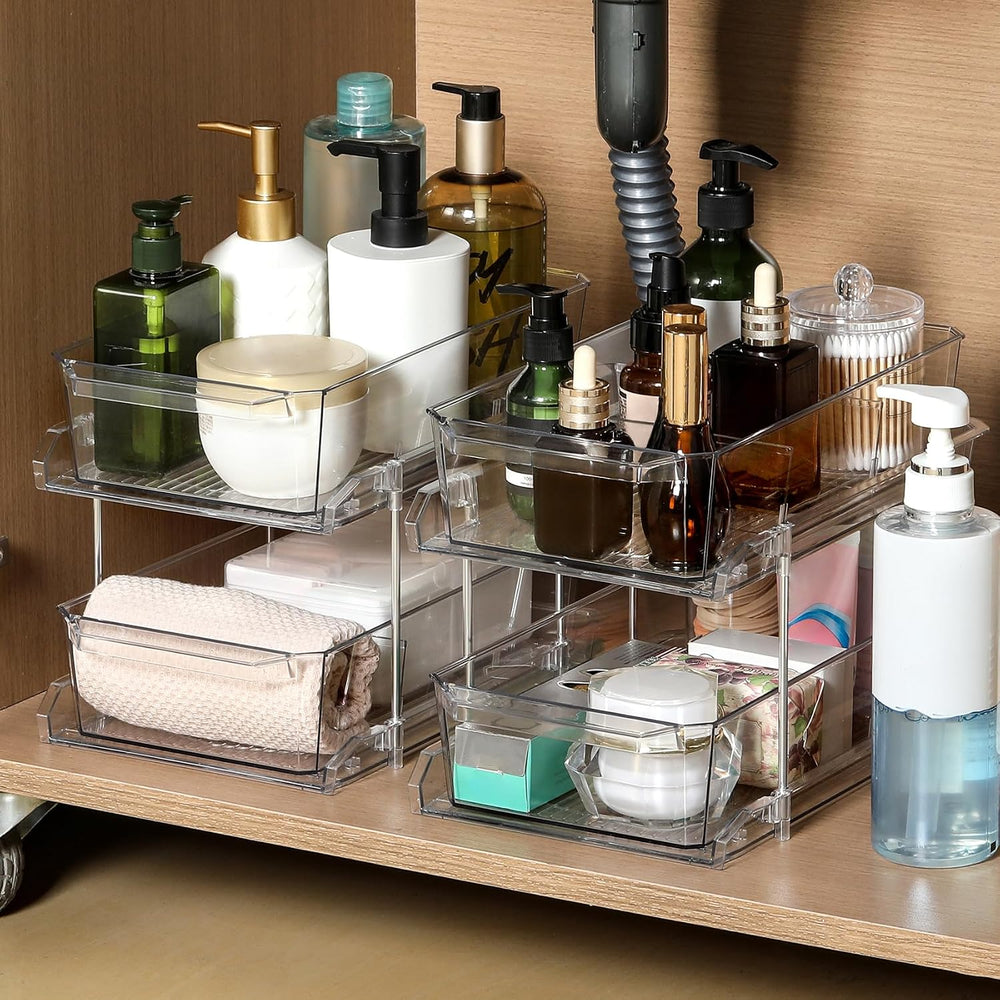 2 Set, 2 Tier Clear Organizer with Dividers for Cabinet, Shlef, Counter - Mul...