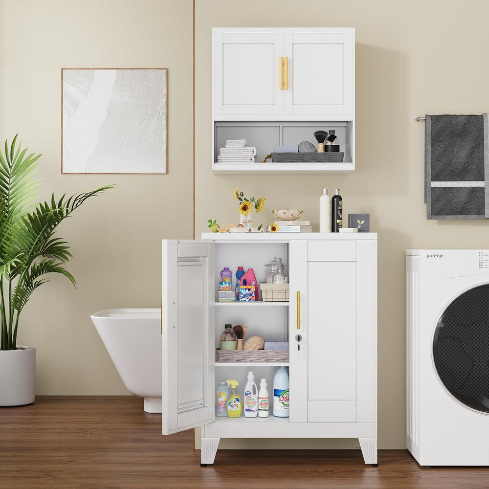 GAIOUS 36" White Floor Storage Cabinet, Locked Metal Storage Cabinets wi...