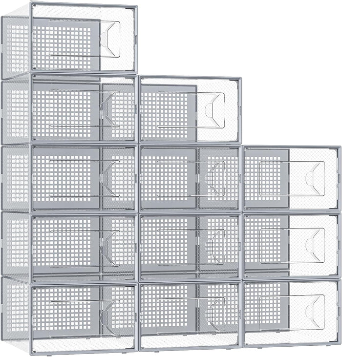 Kuject X-Large Shoe Storage Box Fit Size 11,Clear Plastic Stackable Shoe Organizer for Closet, Space Saving Stackable Sneaker Shoe Boxes Rack Container Bin Holders Case, 12 Pack Grey