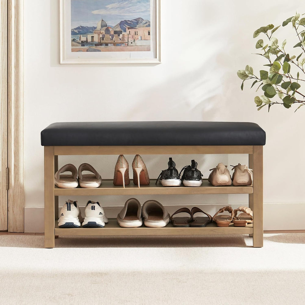 Zihanhome Shoe Rack Bench with Leather Cushion, 2 Tier Solid Wood Storage Ben...