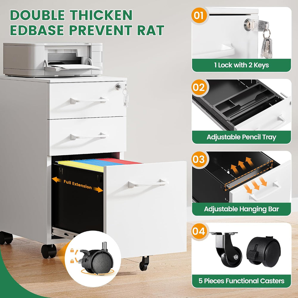 3 Drawer Slim File Cabinet, Mobile File Cabinet with Lock for Home Office, Ro...
