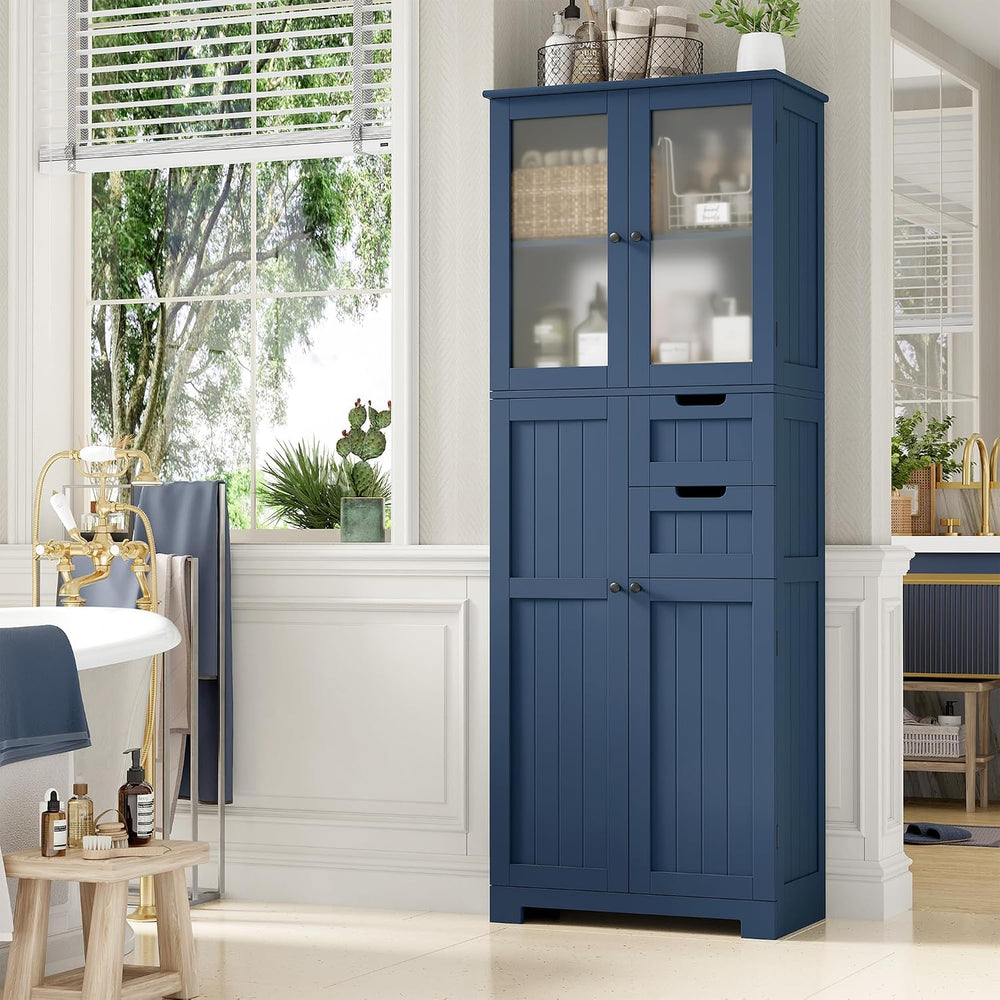 67'' Tall Bathroom Storage Cabinet, Linen Cabinet with Glass Doors an...