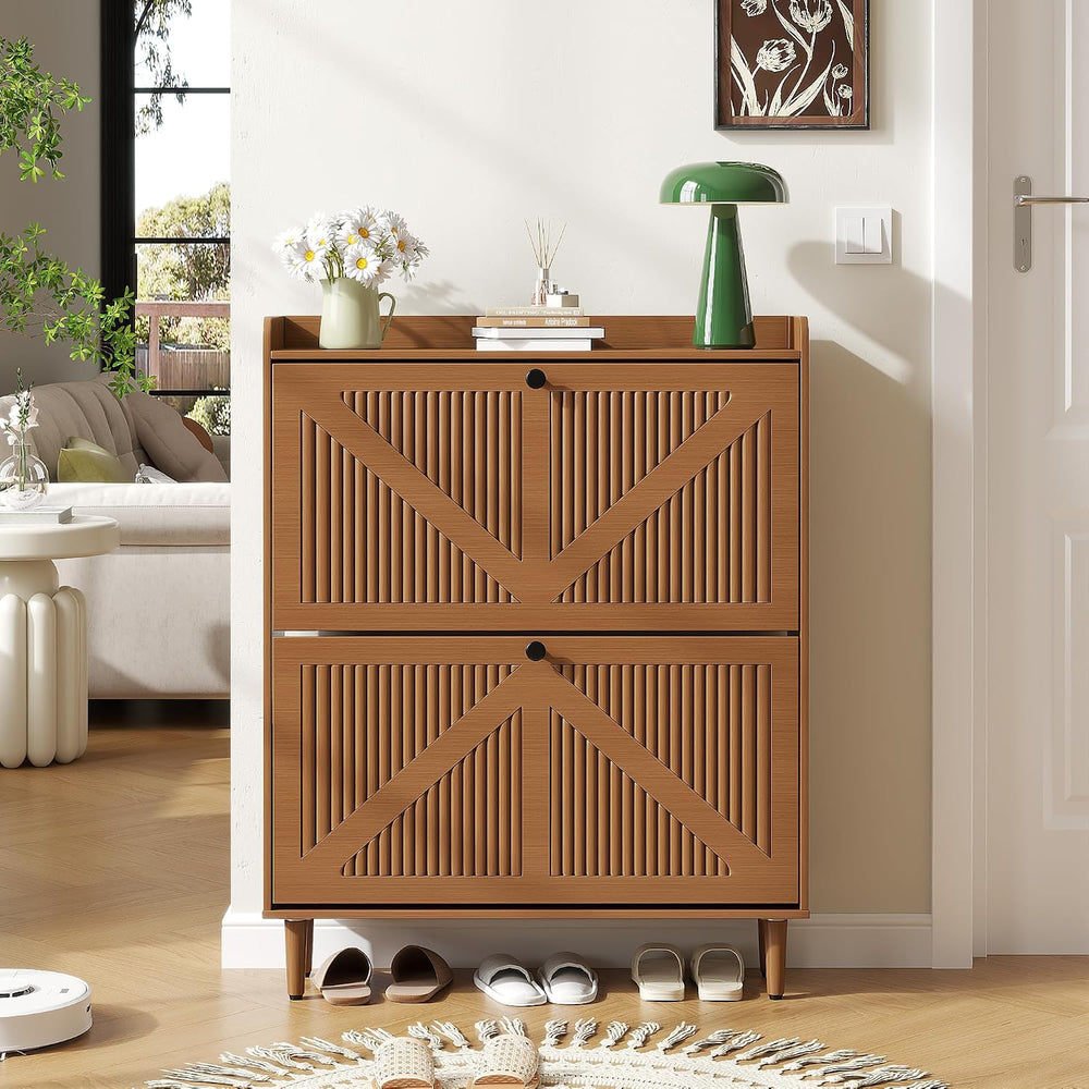 Narrow Shoe Storage Cabinet with 2 Flip Drawers for Entryway (Walnut)