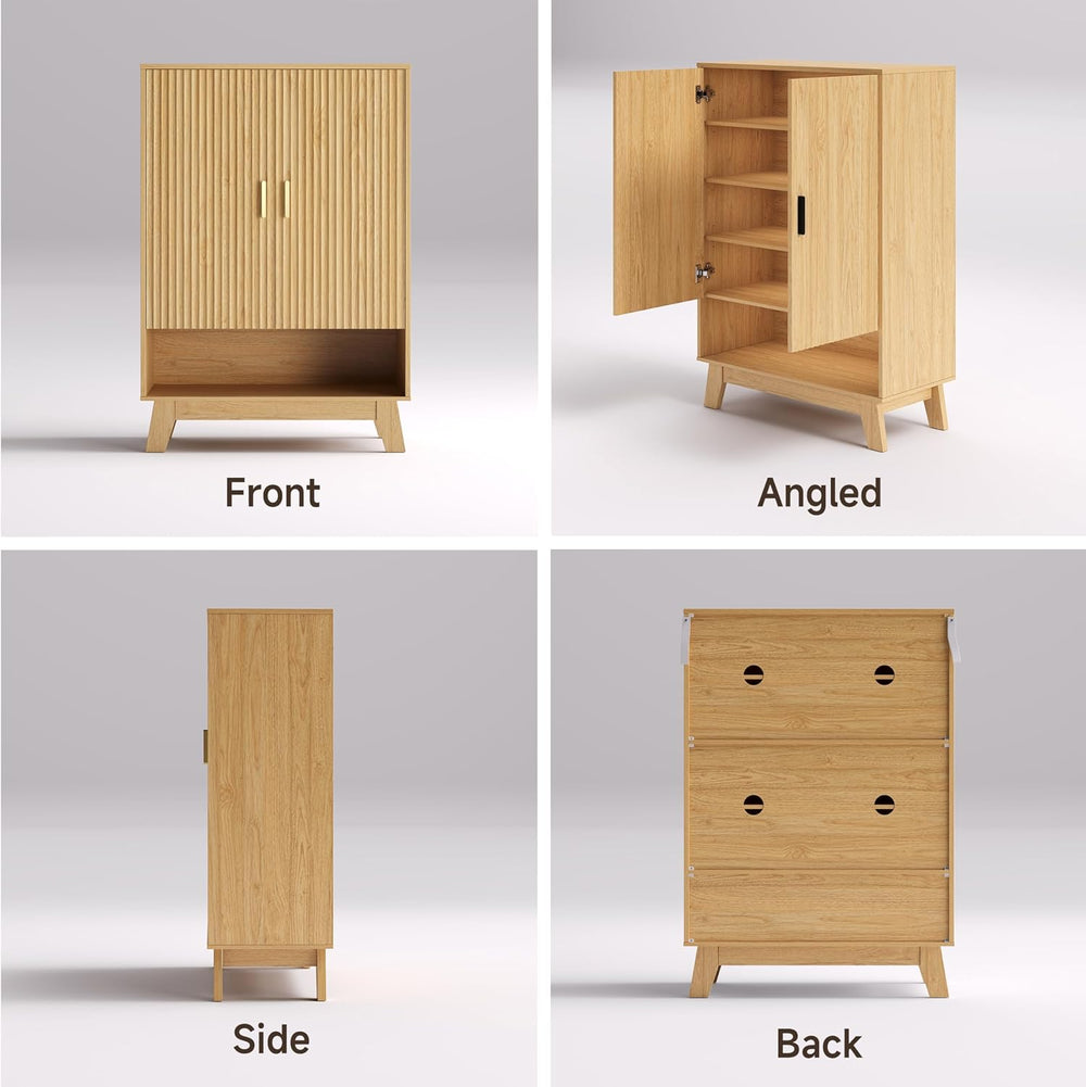4-Tier Fluted Shoe Cabinet with 2 Doors & Open Shelf, Mid Century Modern ...