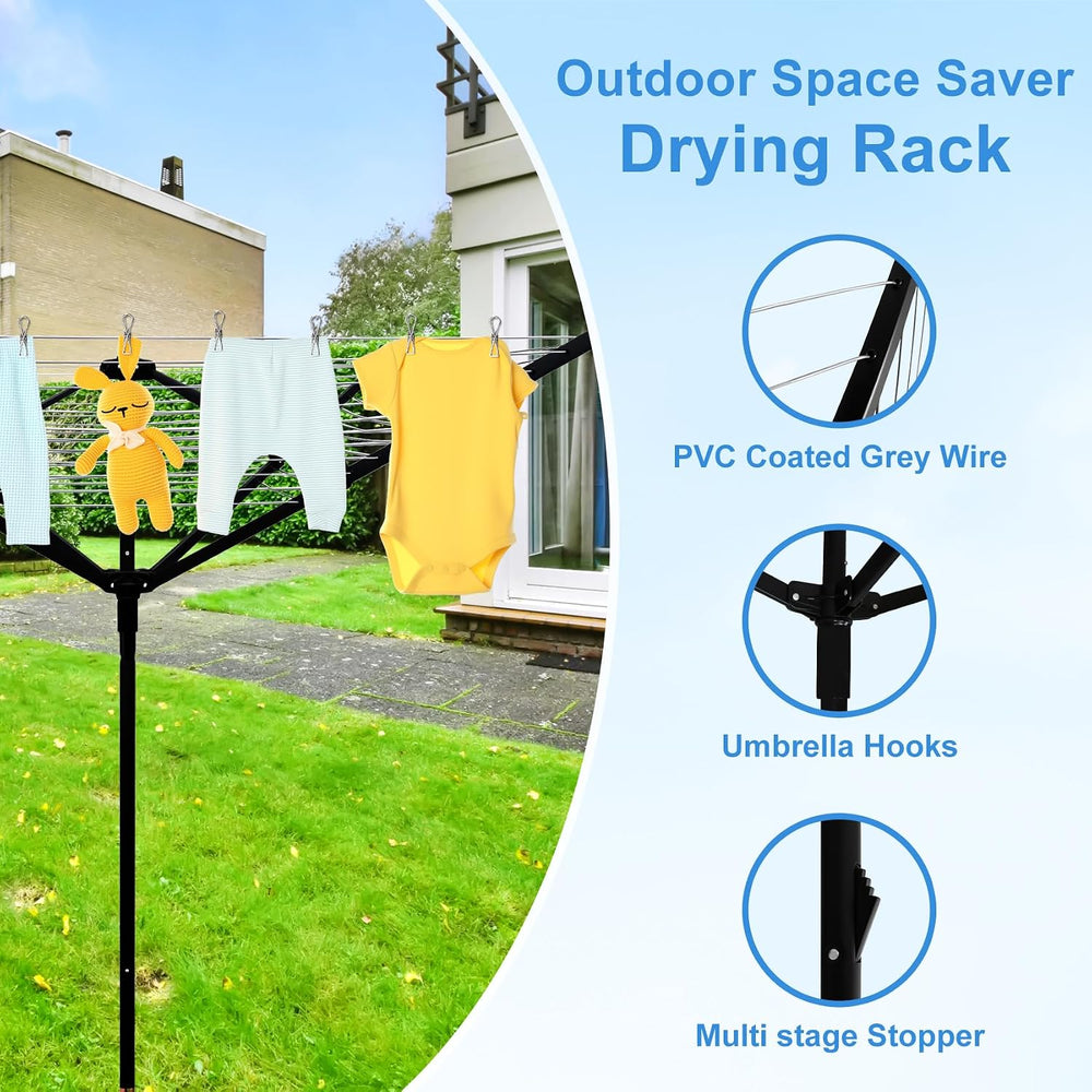 Outdoor Umbrella Drying Rack, 12 Lines 165ft Umbrella Clothesline Drying Spac...