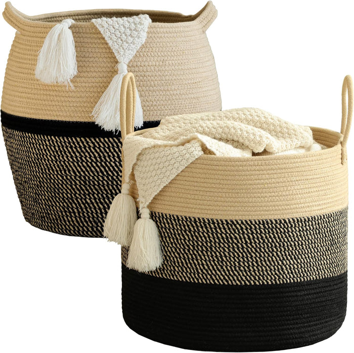 KAKAMAY Woven Cotton Rope Basket, Large Round Storage Basket, Foldable Laundry Hamper, Black