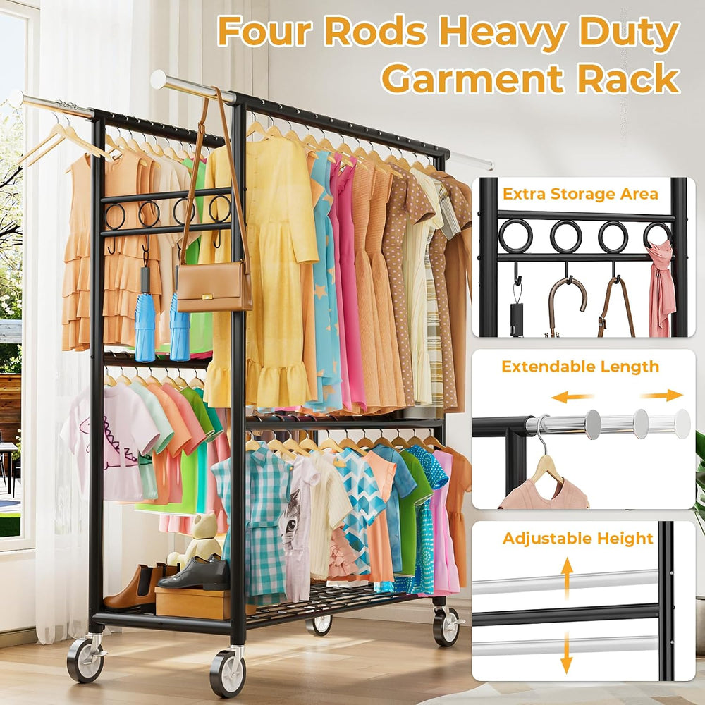 Heavy Duty Clothes Rack Load 1060LBS, Four Rods Rolling Clothing Racks for Ha...