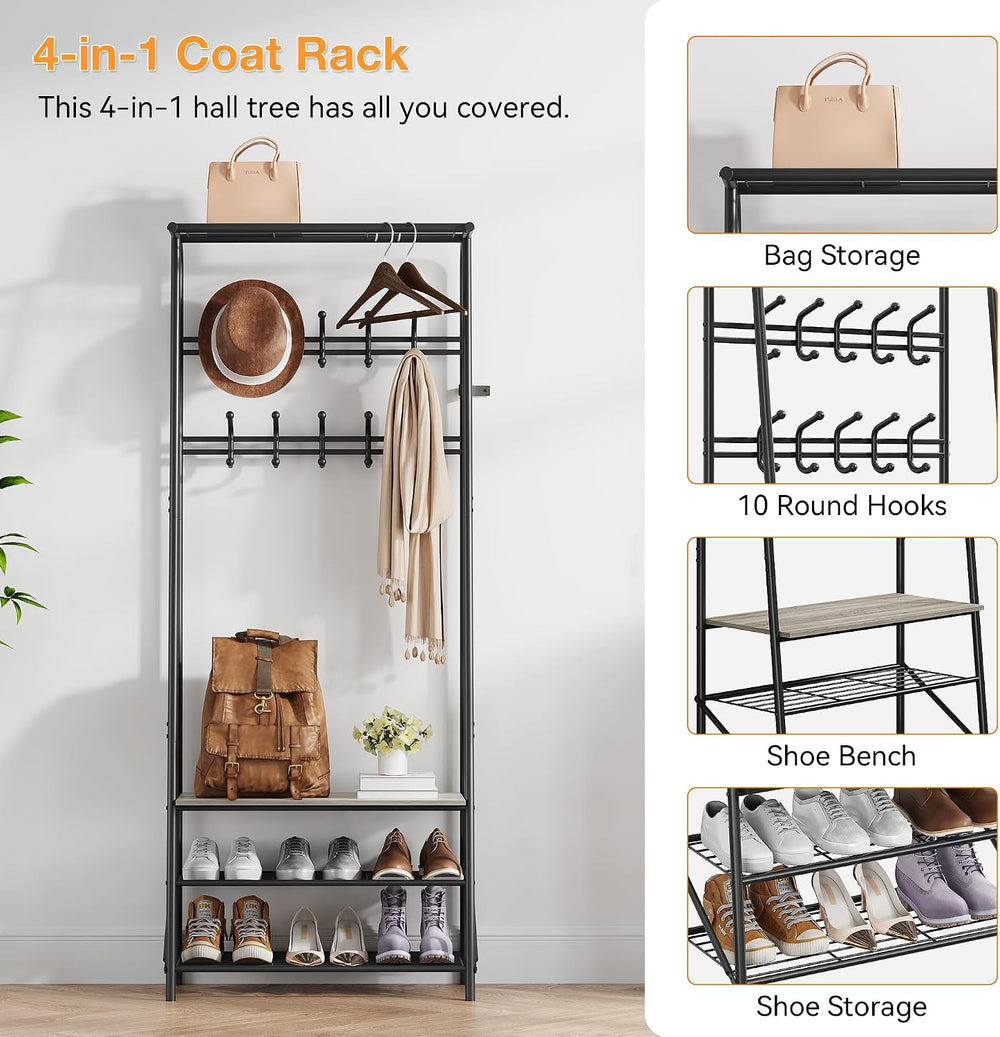 4-In-1 Hall Tree Coat Rack Shoe Bench with 5 Hooks & 4-Tier Shelf, Metal ...