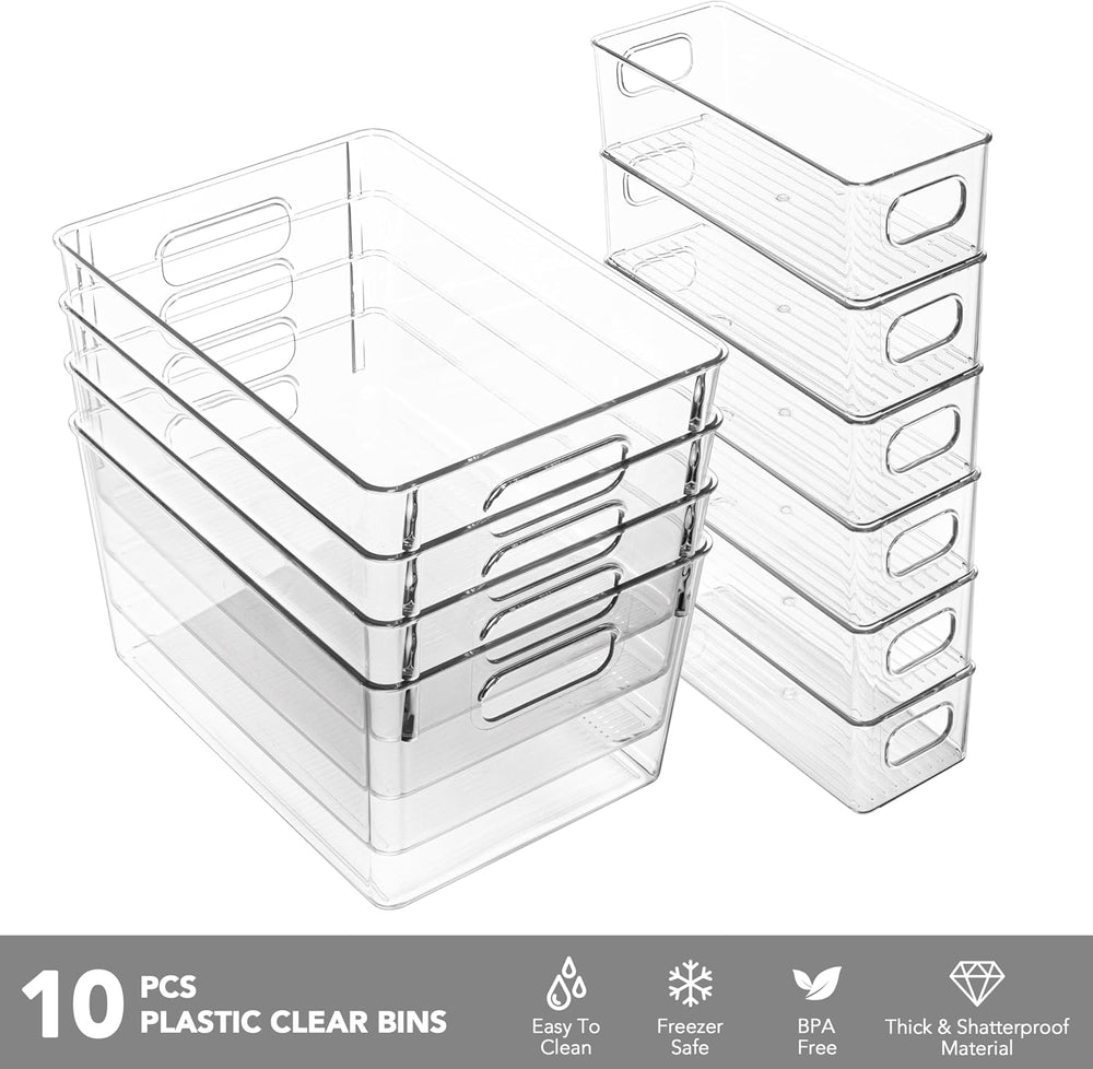 Tiawudi Set of 10 Clear Plastic Storage Bins, 4 Large and 6 Small Stackable S...