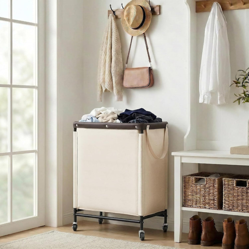 StorageWorks 2 Section Laundry Hamper, 100L Beige Sorter Cart with Wheels
