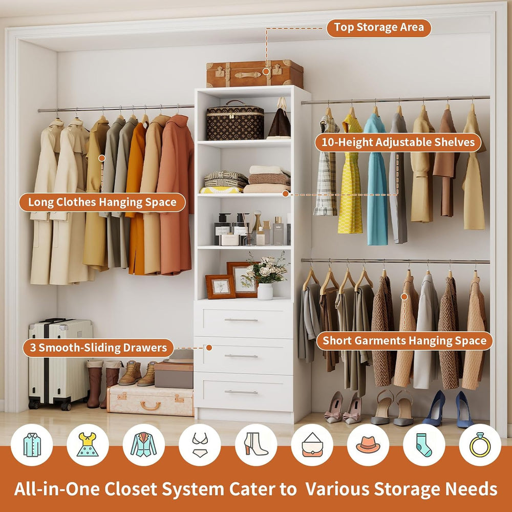 Fastgo Closet System with Drawers, 5-9FT Closet Organizer System with 4 Expan...