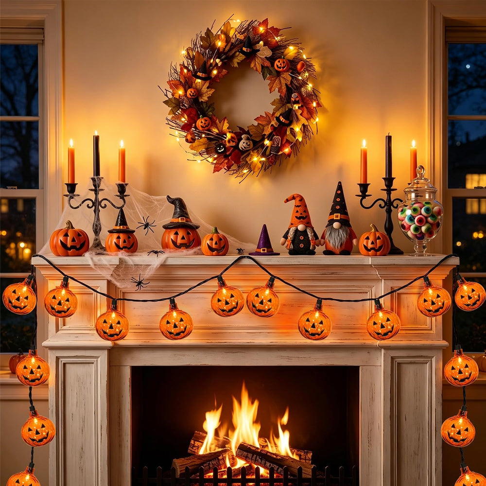 12Ft 20 LED Halloween Pumpkin String Lights Plug in Jack O Lantern Lights wit...