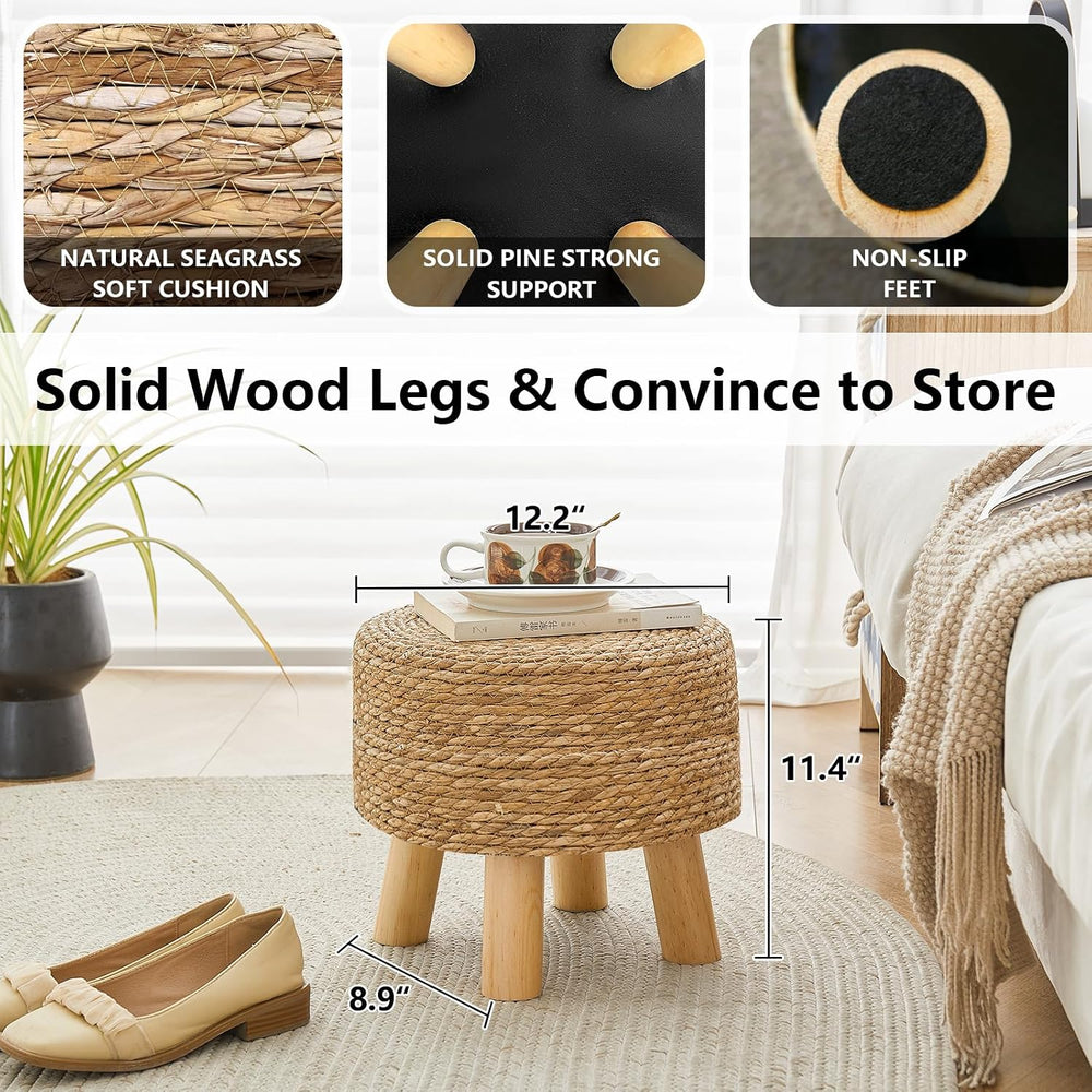 Round Ottoman Foot Stool Wicker Seagrass Natural Natural