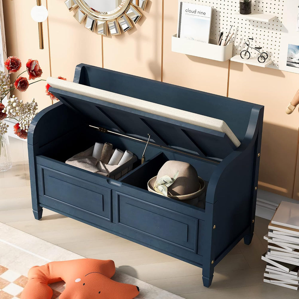P PURLOVE 42 Inch Rustic Style Storage Bench,Antique Navy and Beige