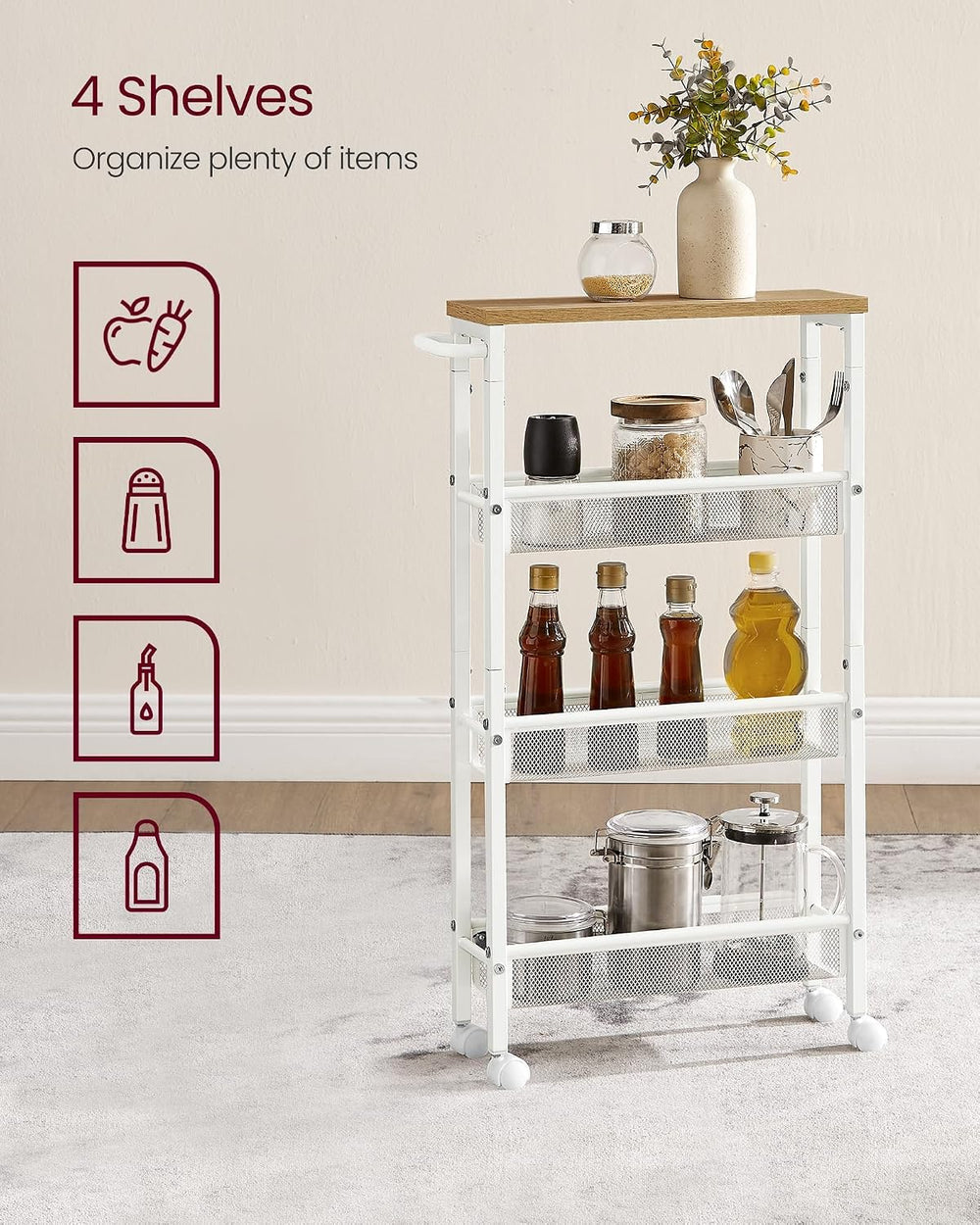 VASAGLE 4-Tier Slim Rolling Storage cart with Wheels, 5.1 Inches, Metal