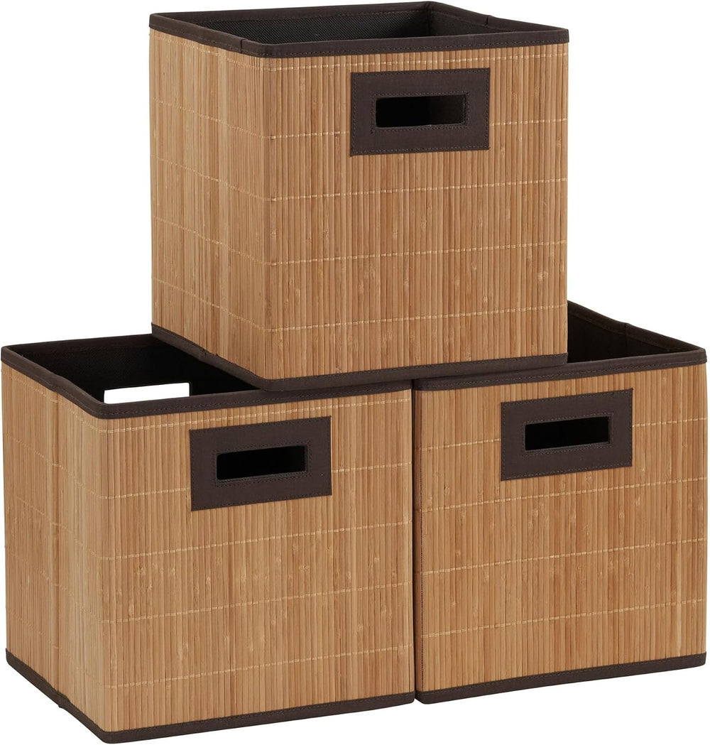 Household Essentials Storage Cube in Handwoven Bamboo Reeds with Woodgrain Te...