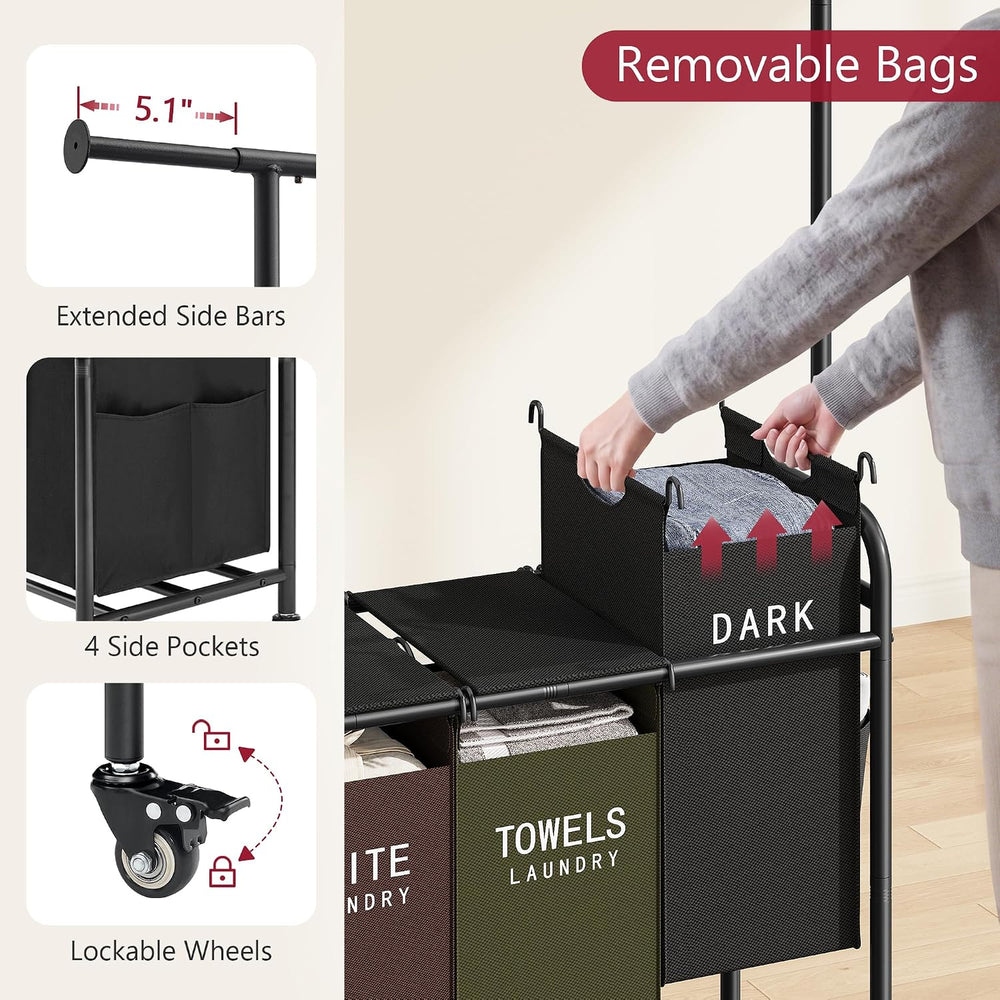 Tajsoon Laundry Sorter with Hanging Rod and Lid, 5 Section, 246L, 5 Colors