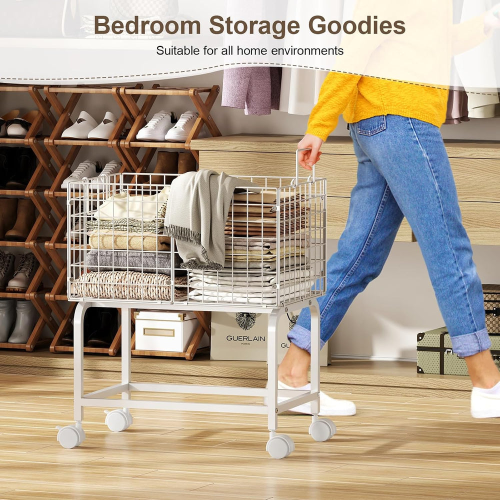 Laundry Basket with Wheels,80L Wire Rolling Laundry Basket with Pull Handle,W...