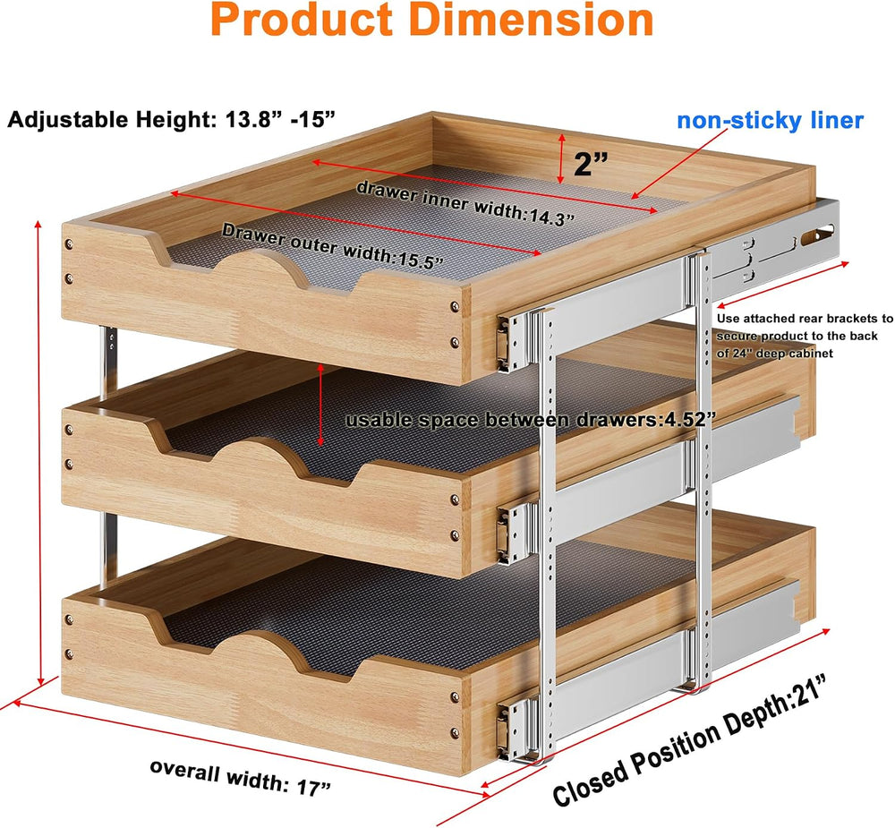 DINDON 3 Tier Pull Out Cabinet Organizer 17”W X21”D Slide Out Shelves With Sh...