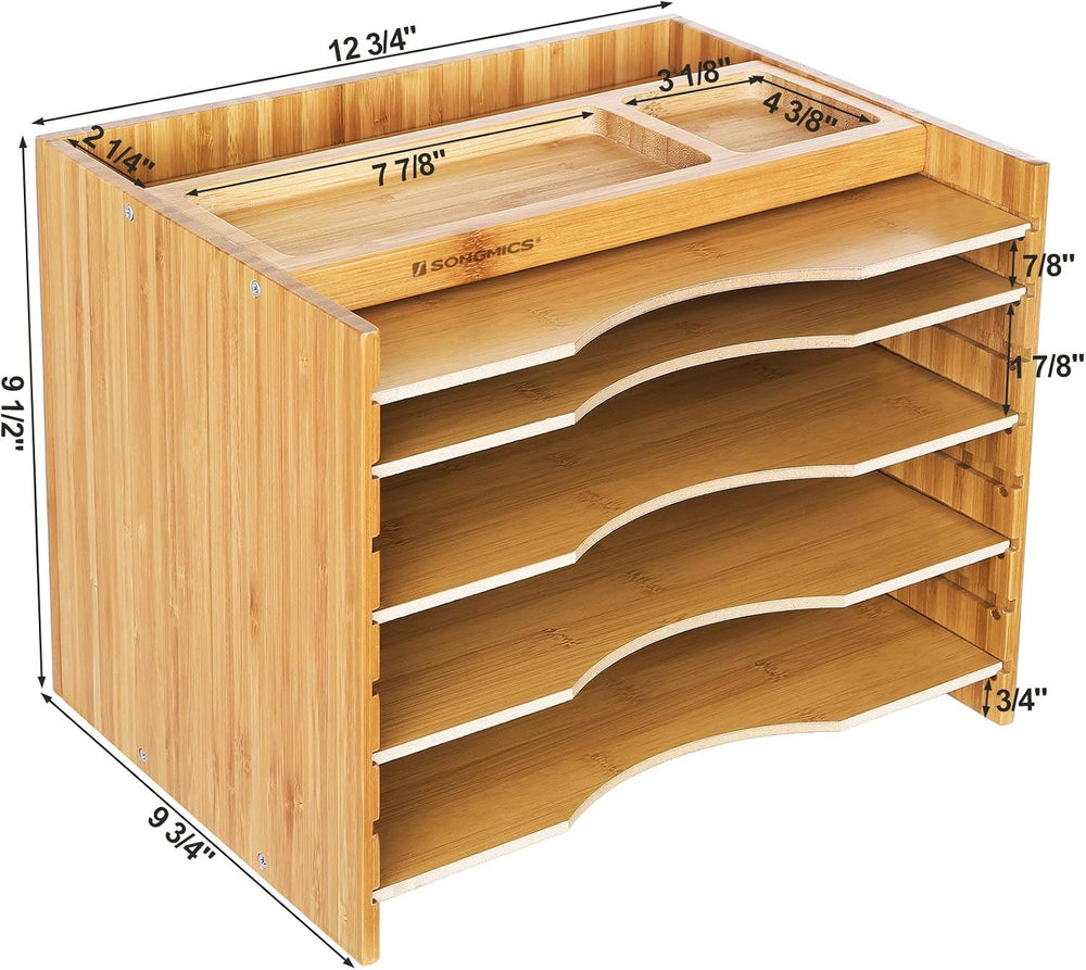 SONGMICS Bamboo File Organizer, Paper Sorter, 5 Adjustable Shelves