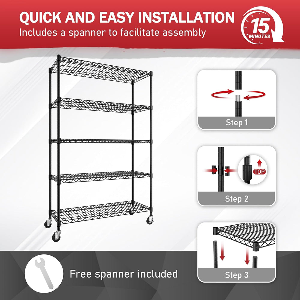 Yardenaler 5-Tier Heavy Duty Steel Wire Shelving Unit with Wheels, Adjustable...