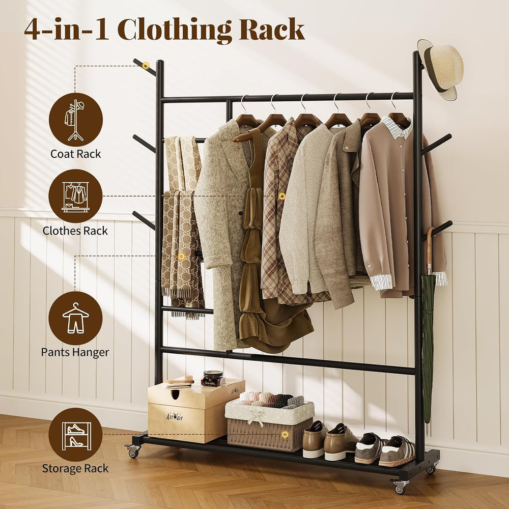 Yoobure Solid Wood Clothing Rack, 4-in-1 Wooden Clothes Rack with Wheels