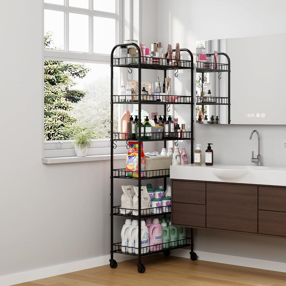 6 Tier Slim Storage Cart with Wheels, Metal Mobile Shelving Unit Organizer Ut...