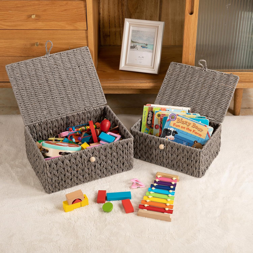 OIAHOMY Wicker Storage Basket with Lid & Lock, Lidded Storage Bins, Decor...