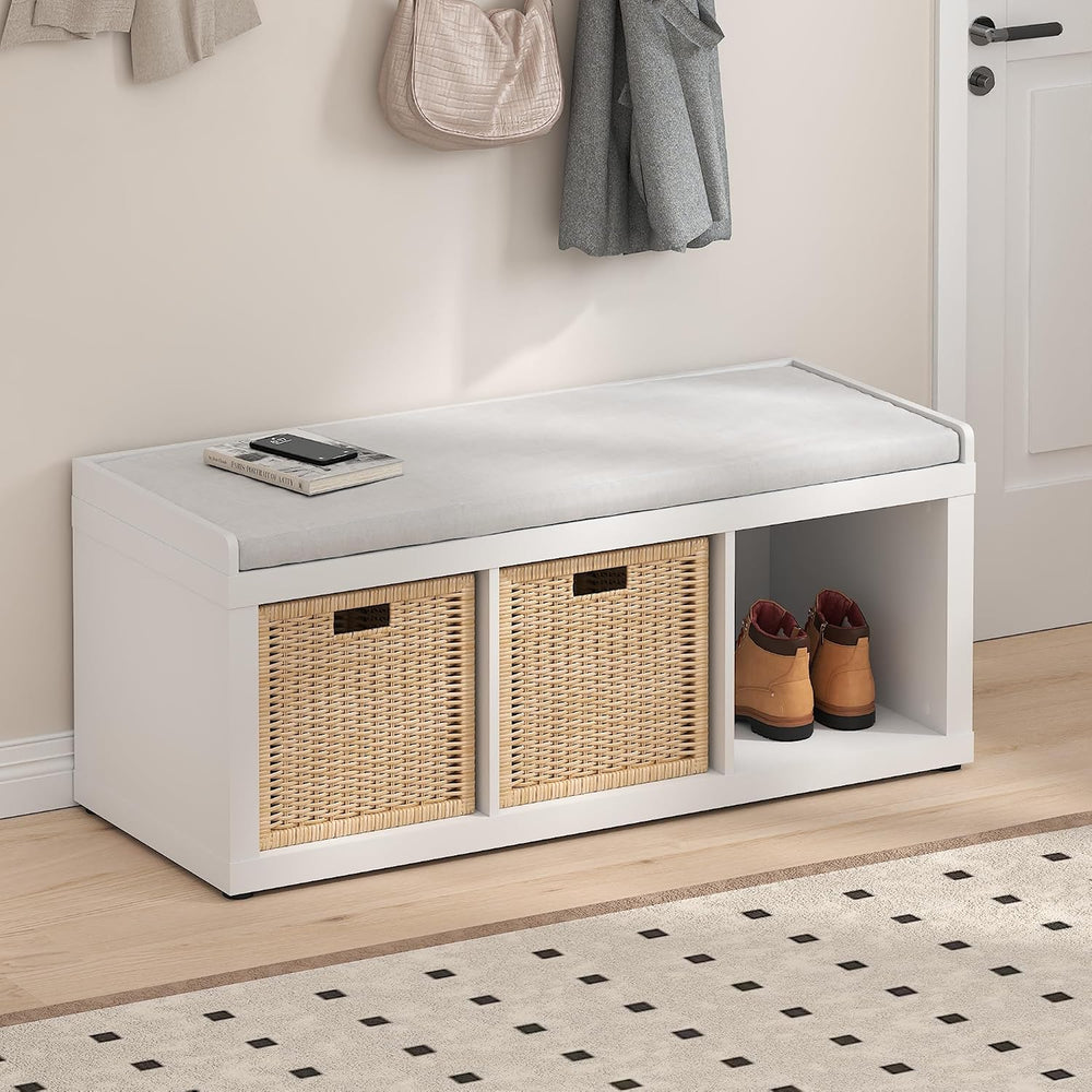 Furinno Cubicle Storage Bench, Shoe Bench with Padded Seat Cushion, 3-Cube Op...