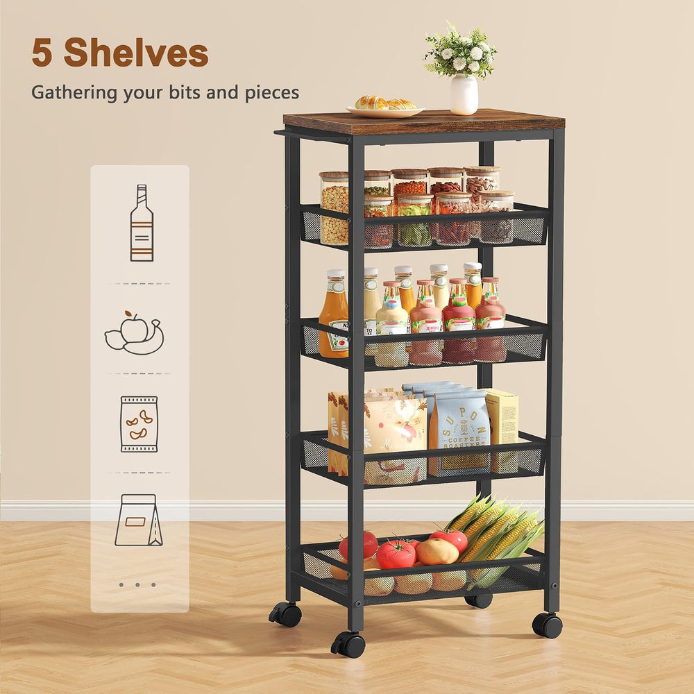 Hoctieon Rolling Storage Cart, 5-Tier 11.8" Wide Panel Kitchen Storage C...