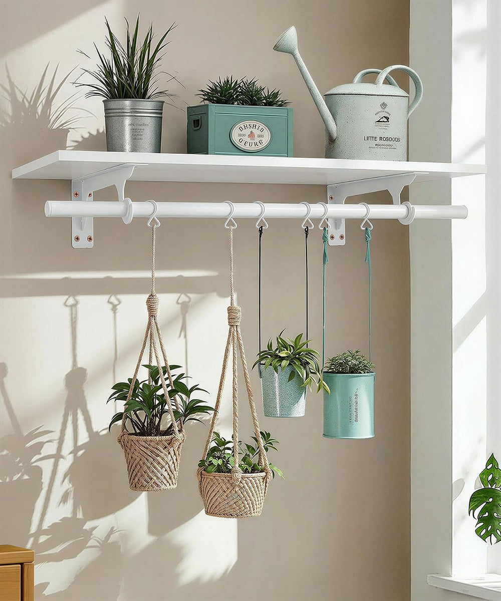 Wall Mounted Clothes Rack, with Top Shelf and Hanging Rod, Heavy Duty (White,...