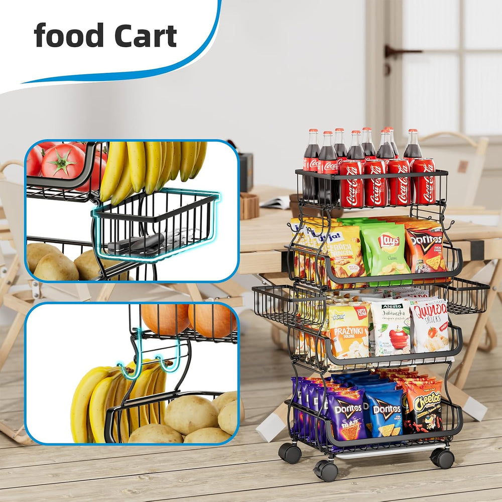 Simple Trending Stackable Cart, Fruit Vegetable Basket with Wheels, 4 Tier