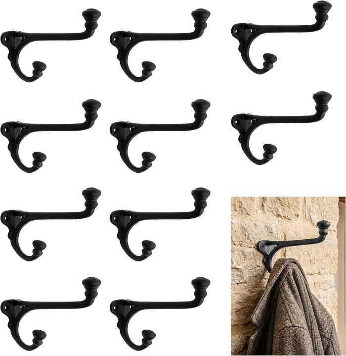 Mystic Colonial Rustic Cast Iron Wall Hooks Heavy Duty Retro Utility Hooks for Hanging Coat, Bag, Towel, Robe, Hat & More Decorative Wall Mount Hooks, Pack of 10, Black