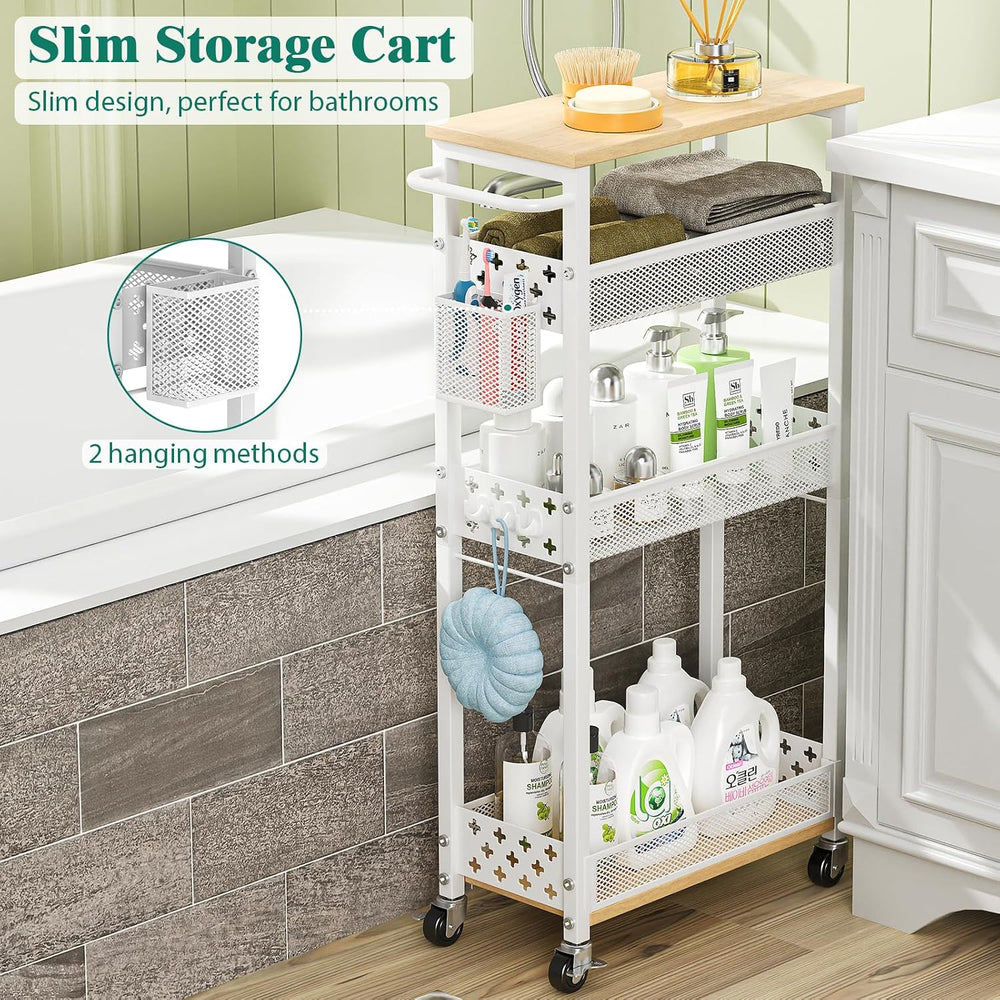 XYZLVSI Slim Rolling Storage Cart, 4 Tier Narrow Shelf for Small Spaces