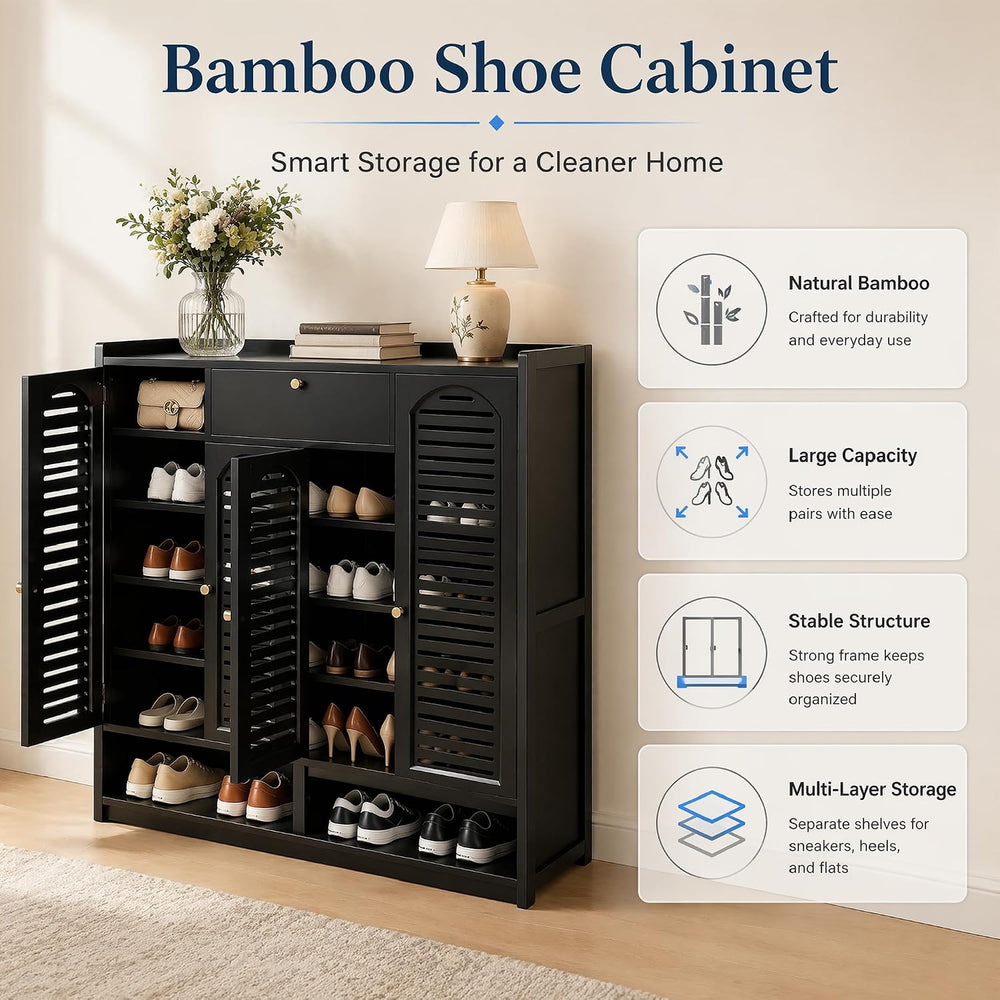 7-Tier Bamboo Shoe Cabinet,Shoe Storage Cabinet with Doors, 25-30 Pairs Frees...