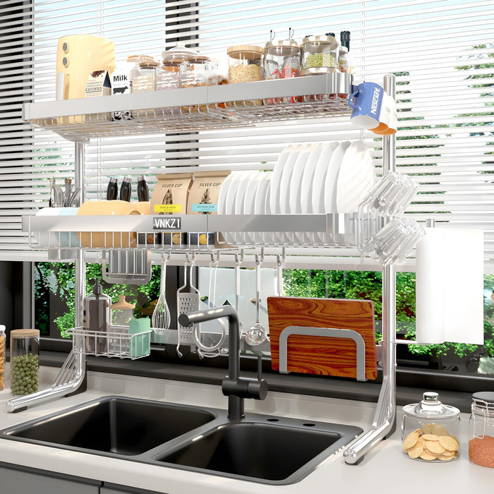 VNKZI Over Sink Dish Drying Rack, 3 Tier Full Stainless Steel Storage Adjustable Length (25.98'' to 36.61'') Kitchen Rack, Multifunctional Expandable Counter Organizer, Space Saver Dish Rack