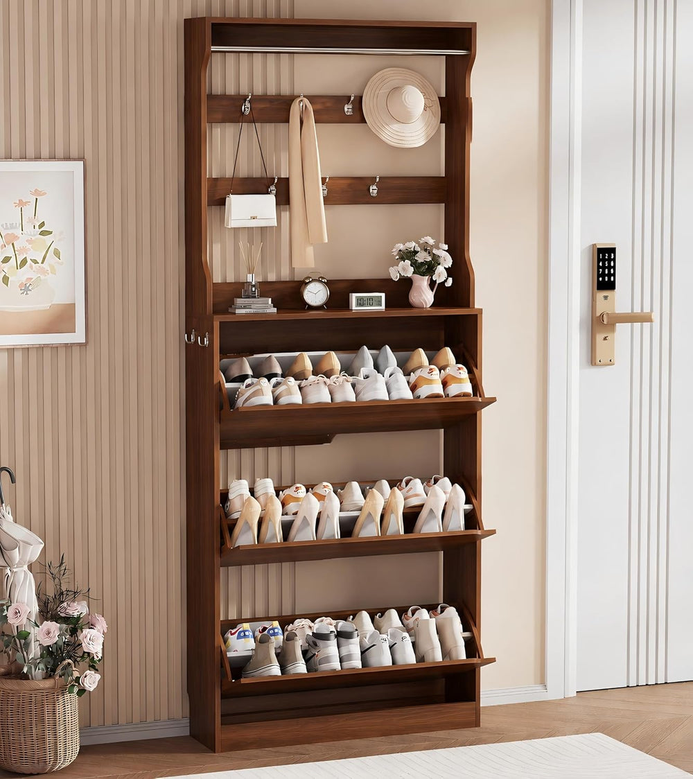 Walnut Hidden Shoe Cabinet with 3 Flip Drawer & Coat Rack, Entryway