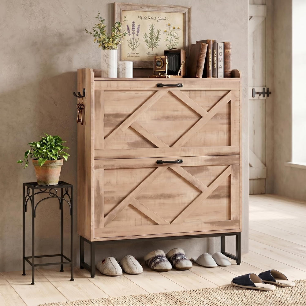 Nicetree Shoe Storage Cabinet with 2 Flip Drawers, Entryway Organizer, Oak