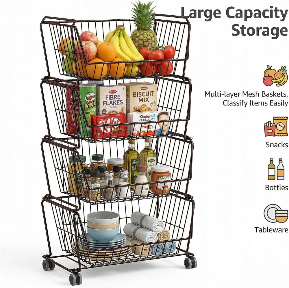 PUSDON 4-Tier Spacious Stackable Wire Storage Baskets with Wheels, Metal Roll...