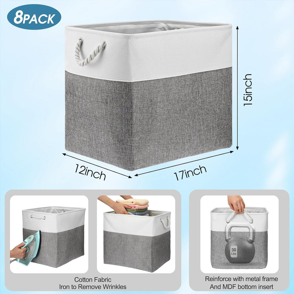 meekoo 8 Pack Fabric Storage Bins Baskets, 17 x 12 x 15 in, Gray White