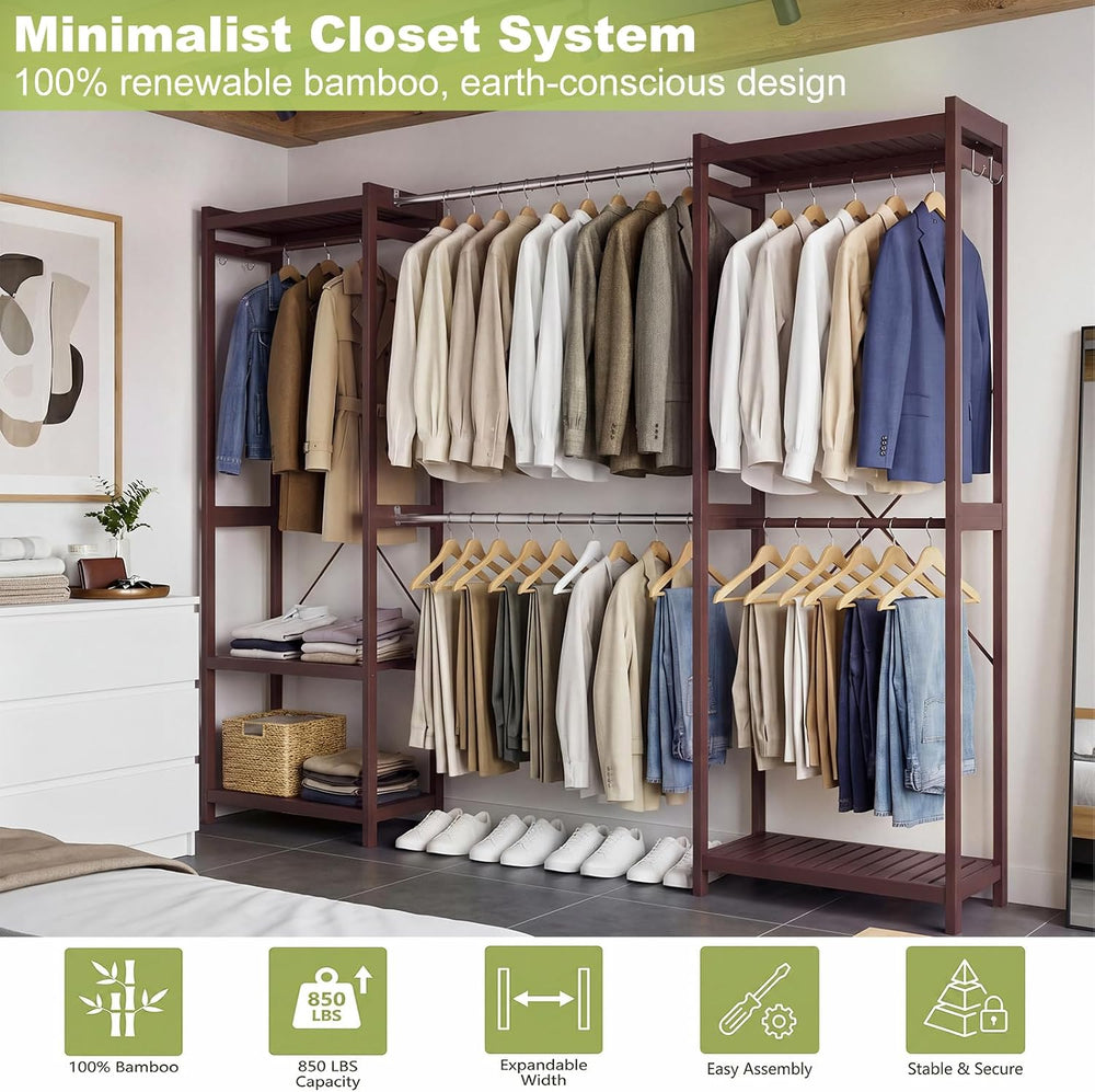 Homykic Bamboo Clothing Rack, 74”-88” Expandable Closet System, Espresso