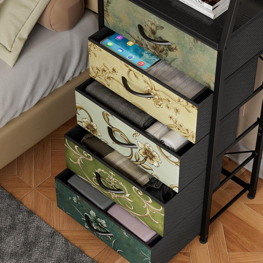Furnulem 5 Drawers Dresser for Bedroom, Fabric Tall Nightstand