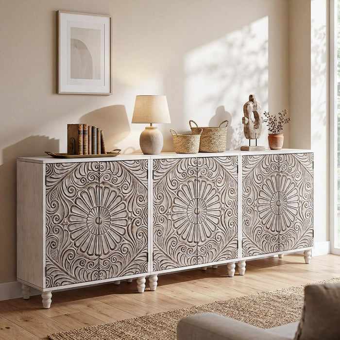 COSIEST Set of 3 32" Sideboard Cabinets, Push-to-Open, Gray Flower