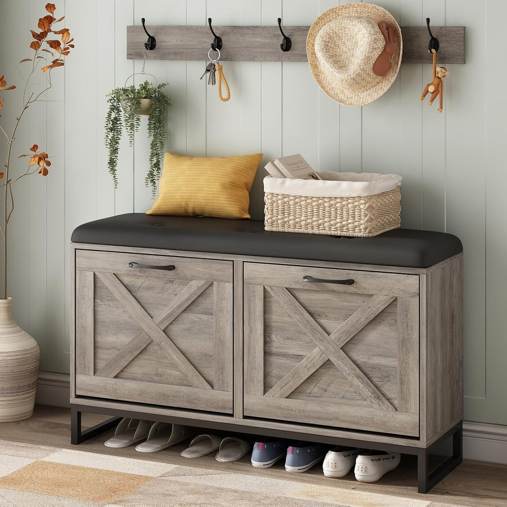 Maupvit Shoe Cabinet with 2 Flip Drawers & Coat Rack, Shoe Storage Bench ...