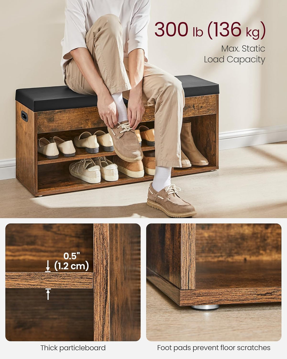 VASAGLE Storage Bench with Cushion, Shoe Bench, 11.8 x 39.4 x 17.3 Inches
