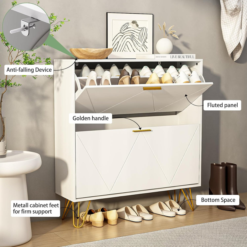 Tradare White Shoe Cabinet Storage for Entryway, Narrow Shoe Cabinet with 2 F...