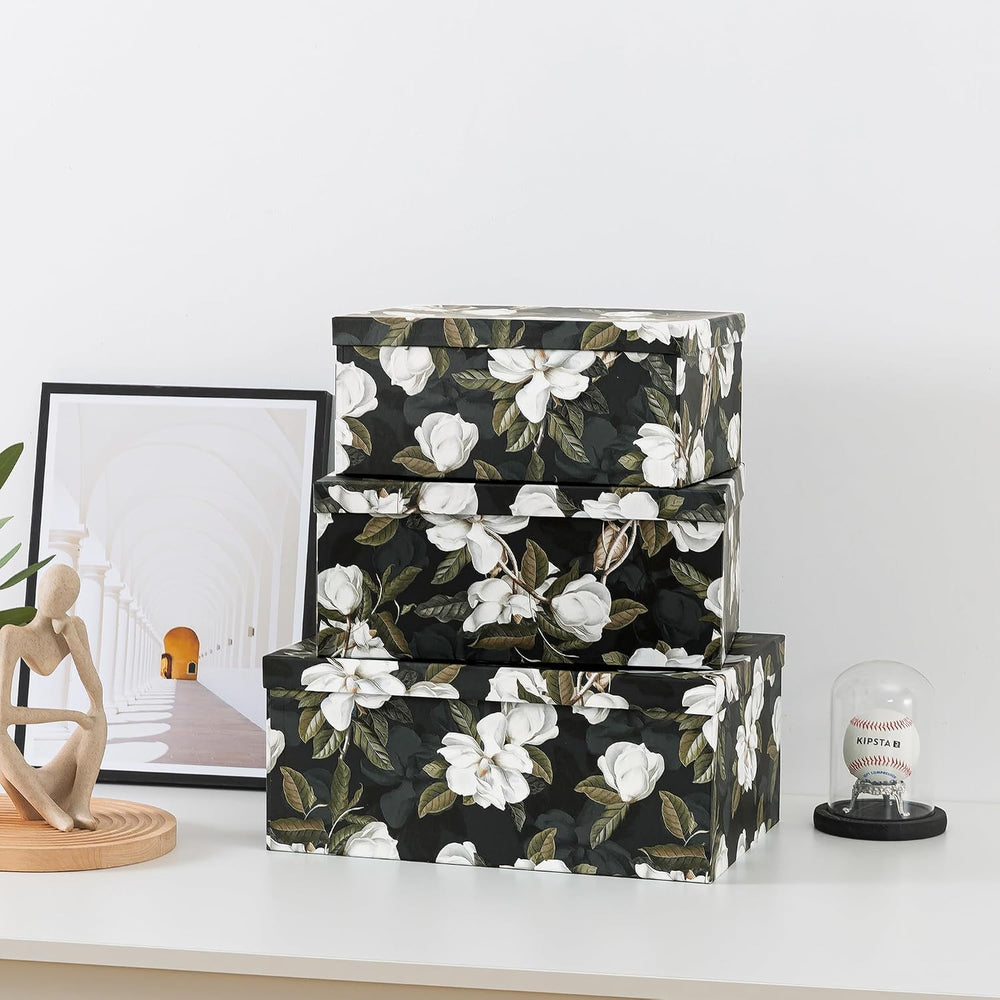 Soul & Lane - Midnight Gardenia Decorative Boxes with Lids, Set of 3, Black
