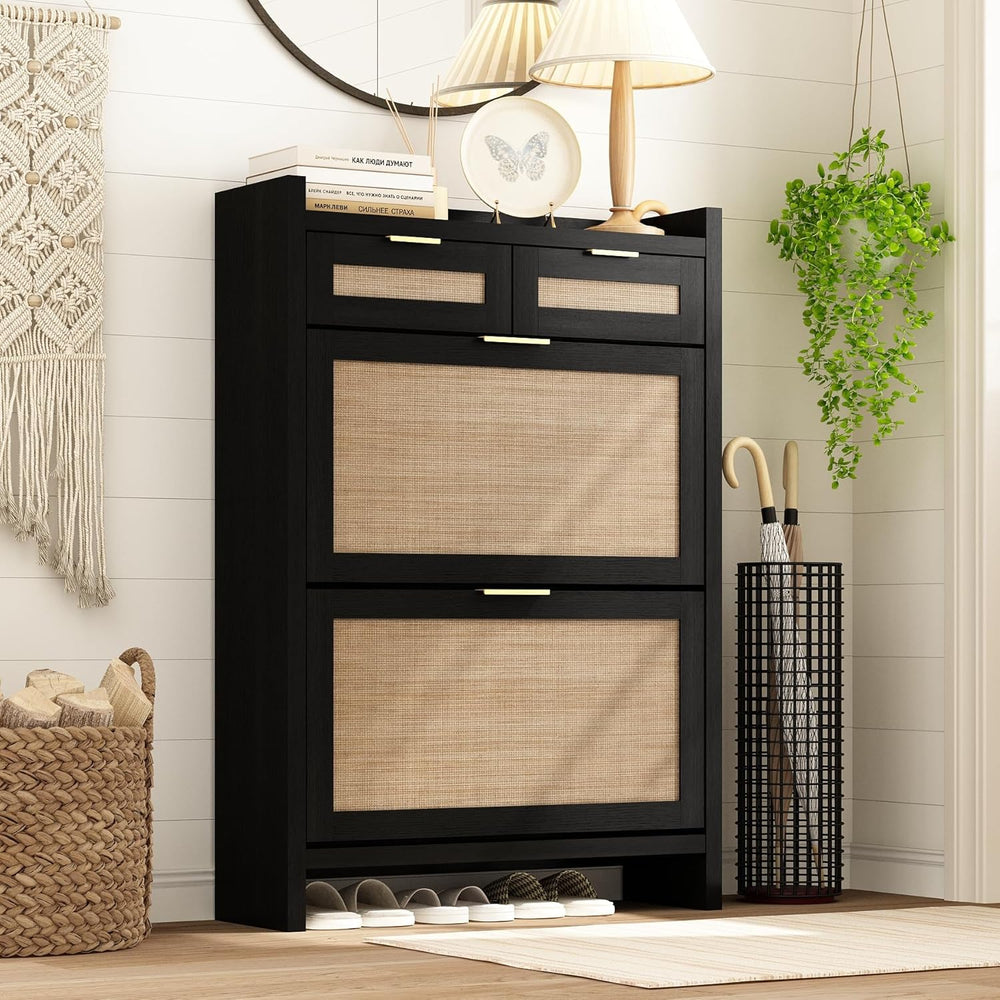 Shoe Organizer Cabinet Storage for Entryway - Slim Rattan Shoe Rack for Front...