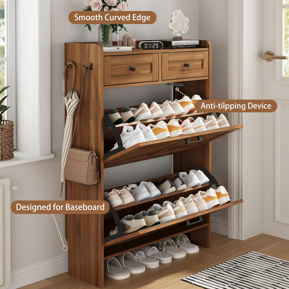 Shoe Cabinet with 2 Flip Drawers & 2 Top Drawers, 43" Tall Freestand...