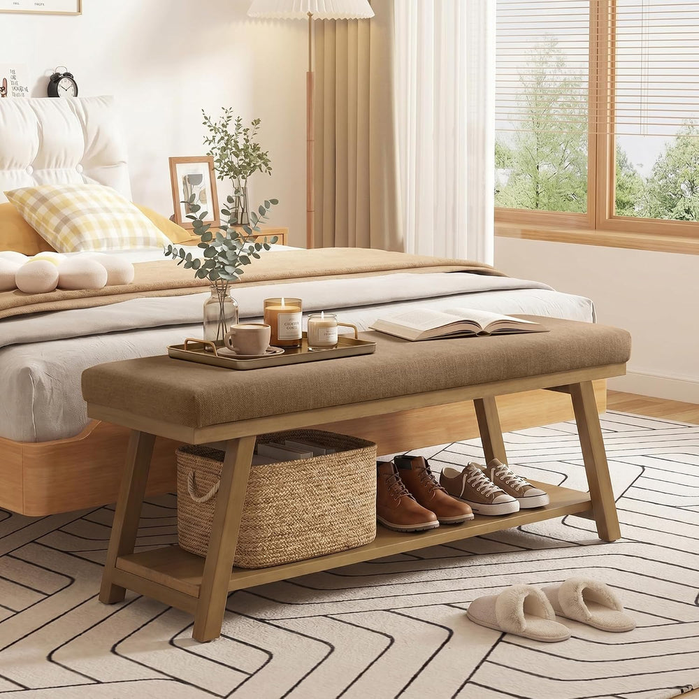 Zihanhome 45" Entryway Bench Upholstered Storage Bench for Bedroom(Brown)